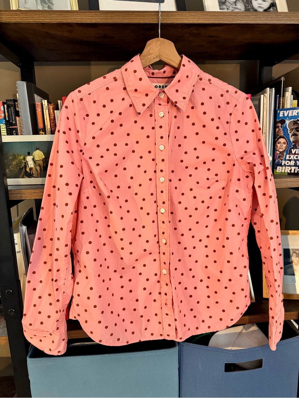 Boden Pink Shirt with Maroon Polka Dots 8 Petite
